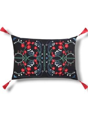 IKEA VINTERFINT Embroidered Pillow Cover 16x23 Black Folk Floral